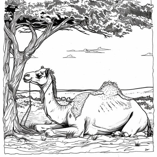 Camel resting under a shady tree with clear sky. Coloring page