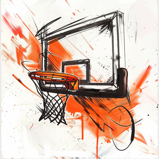 Artistic tattoo sketch of a basketball hoop, flat style, vivid orange and black contrast