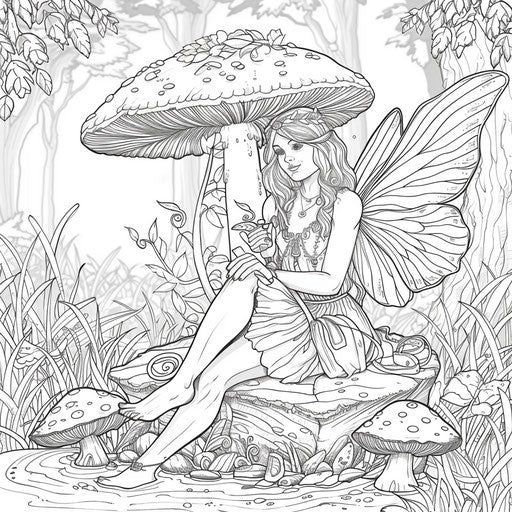 Mystical autumn scene with a fairy sitting on a toadstool. Coloring book page