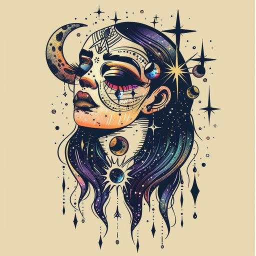Surreal clipart style flat tattoo sketch for a girly tattoo with cosmic elements and shimmering metallic colors