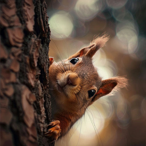 Playful squirrel behind tree, Elke Vogelsang style