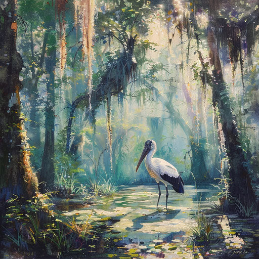Wood stork among cypress knees in sunny swamp