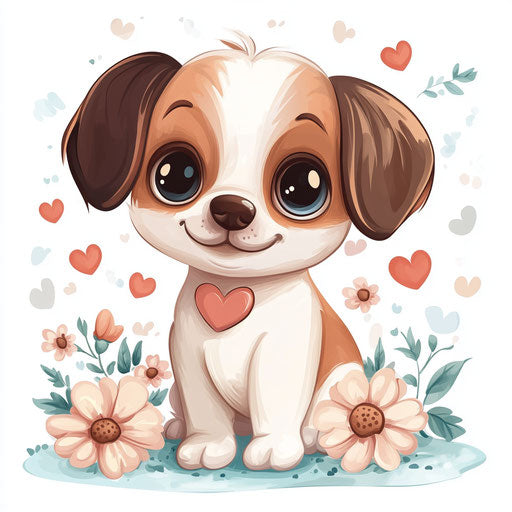 Adorable puppy with heart and flowers in pastel colors