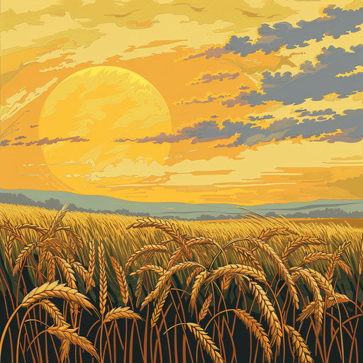 Stylized flat tattoo sketch of Russian wheat fields, golden hues