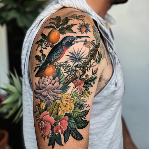 Meaningful tattoos for men featuring botanical illustration on arm