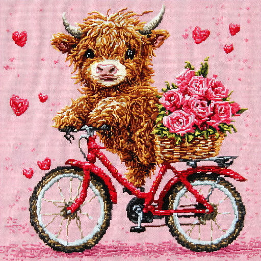 Adorable Highland calf on a red bike with basket of roses