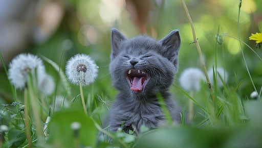 Gray kitten yawning in dandelion in green grass