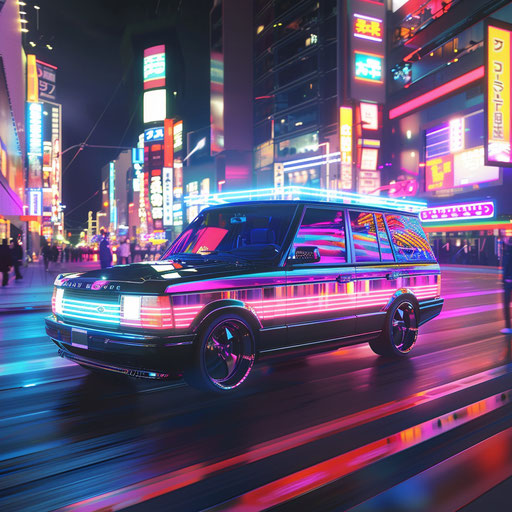 Futuristic electric vehicle cruising through neon-lit city