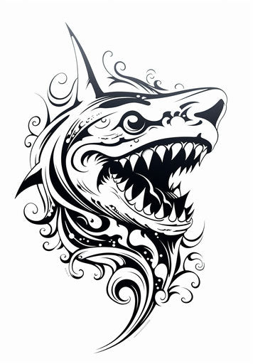 Tribal shark tattoo idea, dark white abstract form illustration
