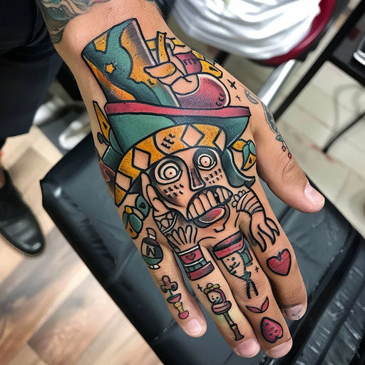 Hand tattoo with satirical theme, Steve Sack style