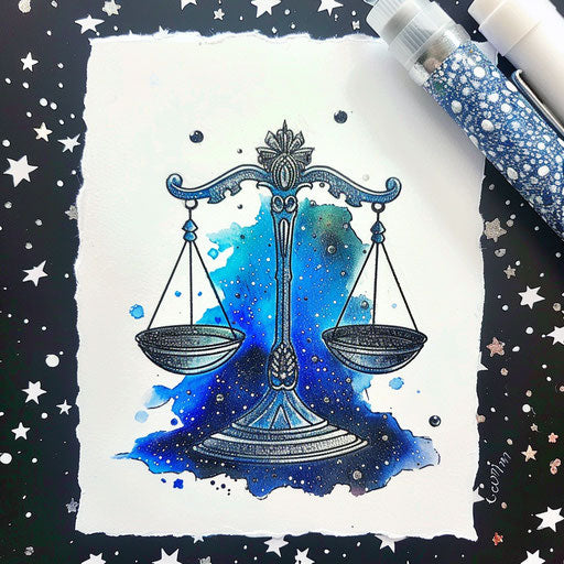Libra scales tattoo sketch on starry silver and blue backdrop