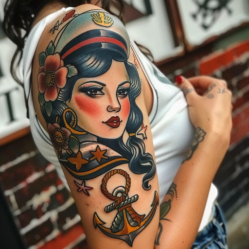 Classic sailor-themed half sleeve tattoo with pin-up girls and anchors