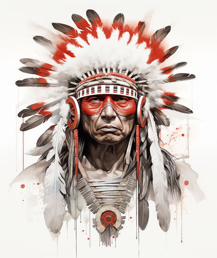 Indian style tattoo of man with feathers, cheyenne art