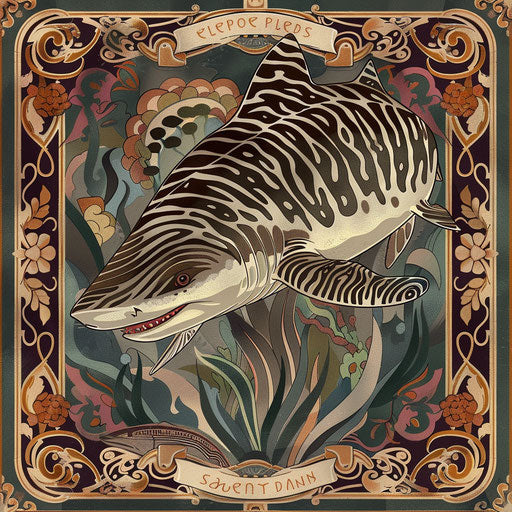 Art nouveau poster showcasing the elegant form of the zebra shark