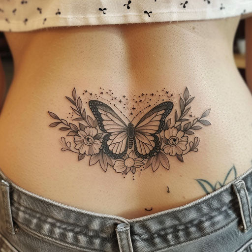 Butterfly lower back tattoo in Maria Sibylla Merian style