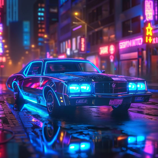 Retro-futuristic 1976 Malibu Classic with electric blue neon underglow, parked in a neon-lit city