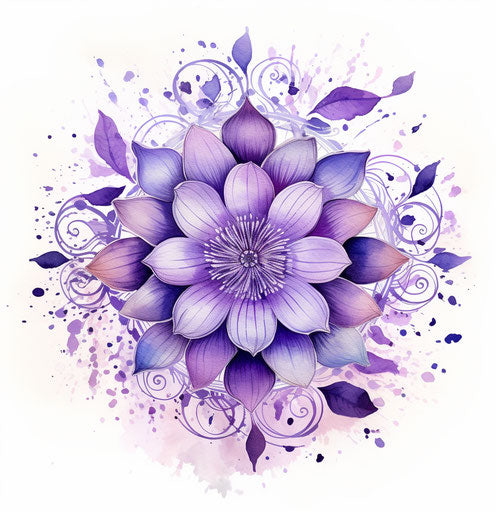 Elegant violet mandala with flowers and leaves on white