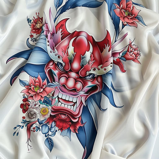Neo-traditional oni head with floral motifs and sharp details, in bright colors on a white sheet