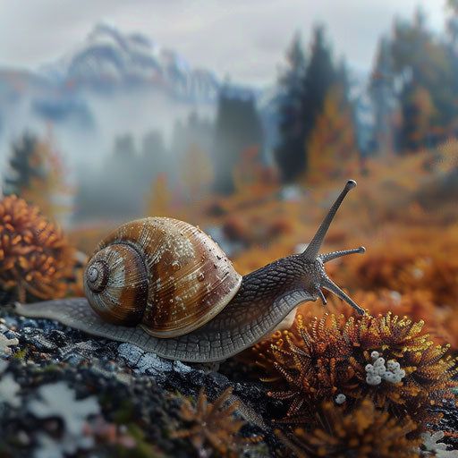 Natural contrast: wolf snail and misty mountains
