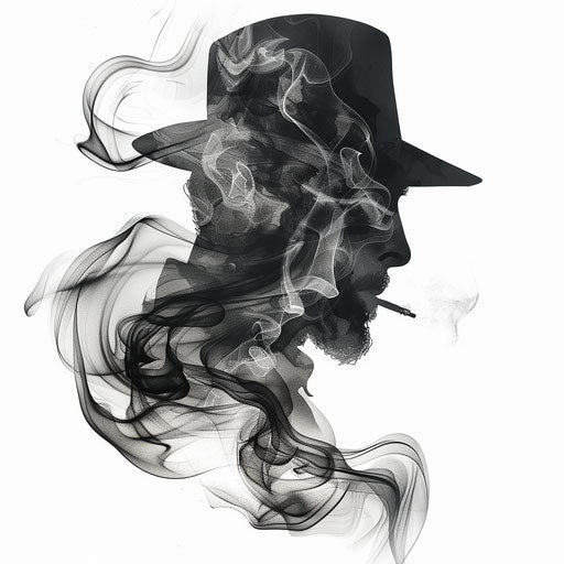 Minimalist gangster silhouette with smoke-filled background black ink on white