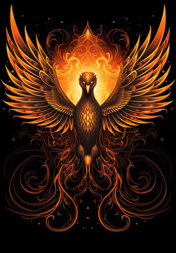 Silhouette of phoenix with fiery outlines, bright orange style