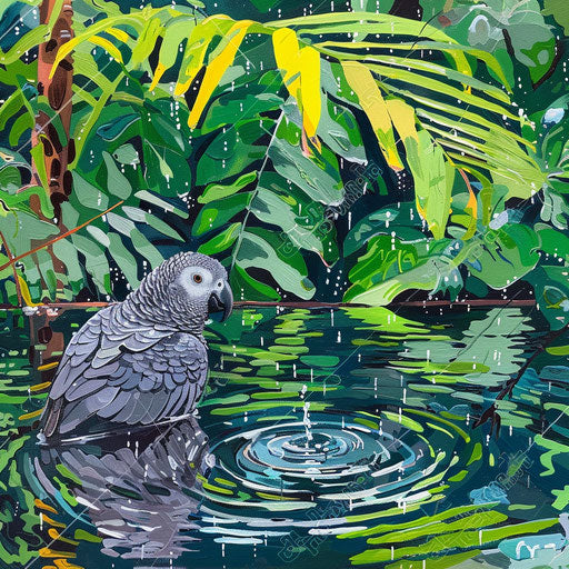 African grey parrot blending in vibrant green foliage in gentle rain