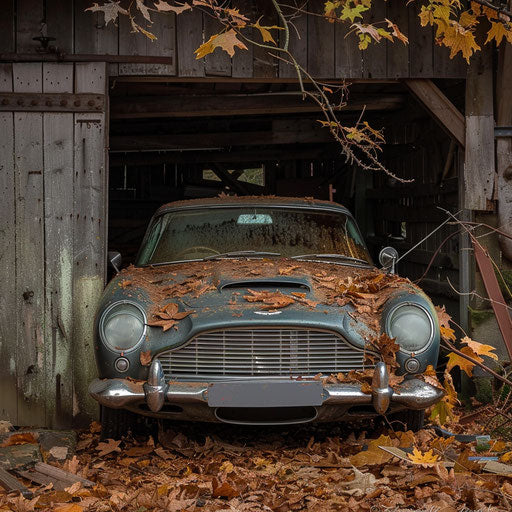 Rustic barn find of Aston Martin DB6, surrounded by autumn leaves, awaiting restoration