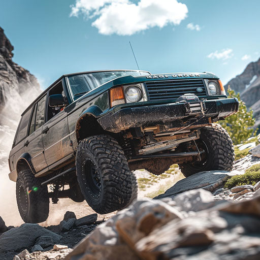 Off-road modified vehicle navigating rocky mountains