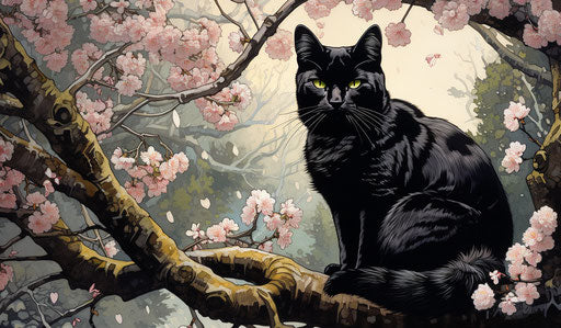 Cat sniffs cherry blossom, traditional goth style