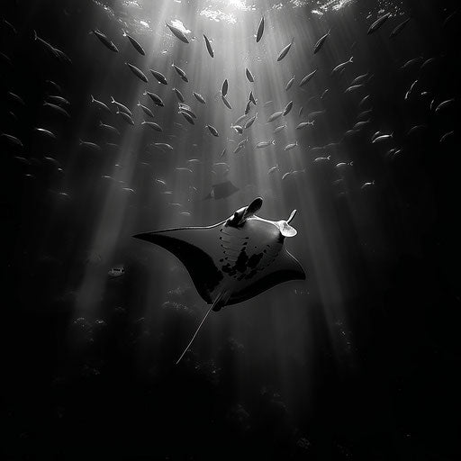Manta ray with a school of fish in the background