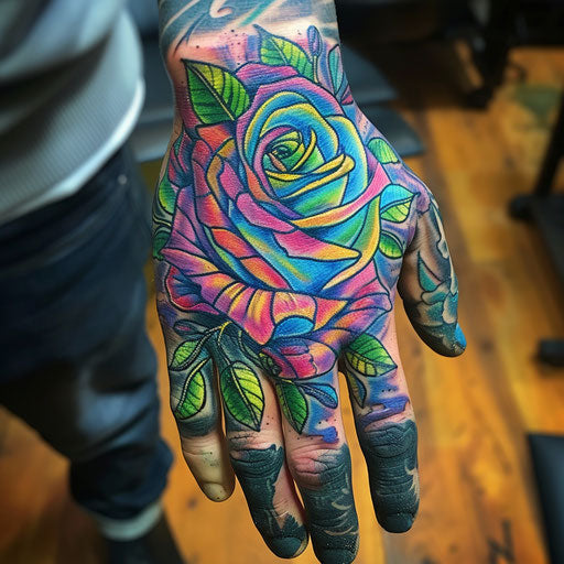 Rose hand tattoo in the style of Guy Aitchison with vibrant, psychedelic roses