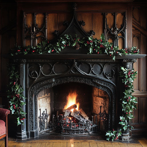 Gothic fireplace with iron fireguard and holly and ivy decoration