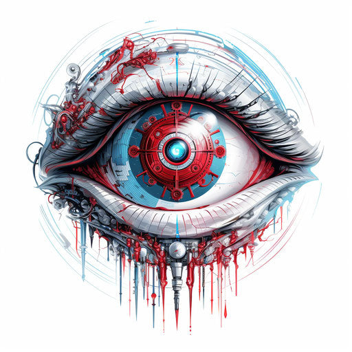 The eye towards the future, light blue and red style, realistic fantasy art