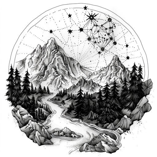 Adventurous tattoo sketch in clipart style, depicting the Scorpio constellation with mountainous and wilderness motifs