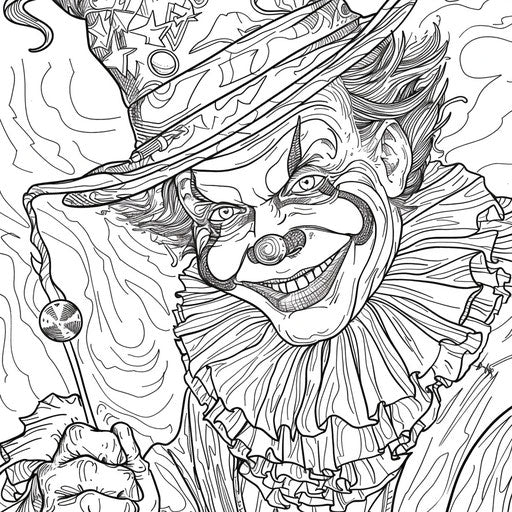 Magician clown with magic wand and hat. Coloring book page