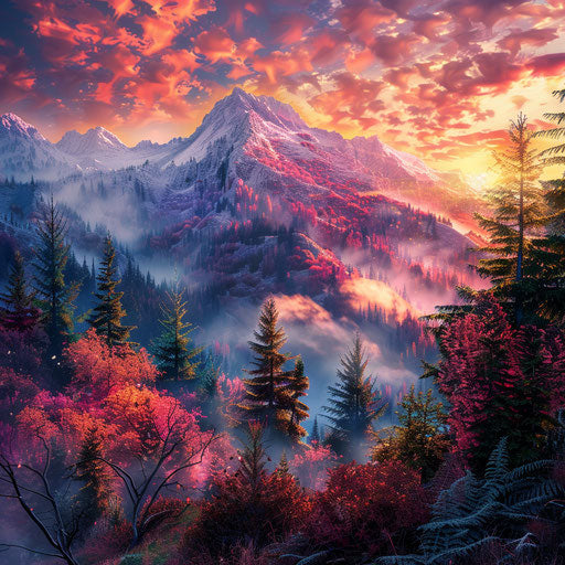 Cascade mountain at sunrise with vibrant colors and mist