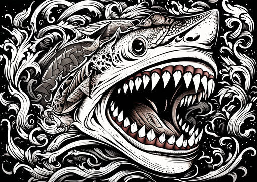 Shark tribal pattern drawing, cartoon abstraction style
