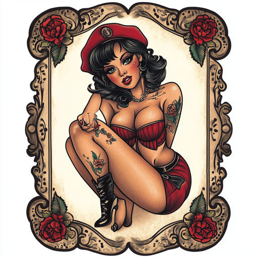 American traditional sleeve tattoo with vintage pin-up girl