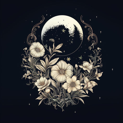 The moon and flowers in a symmetrical floral design