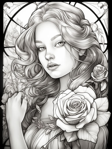 Kids coloring pages: stained glass roses, Charles Dwyer style