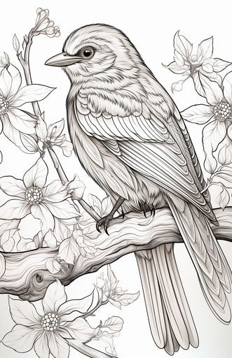 Bird on a branch, flower coloring pages
