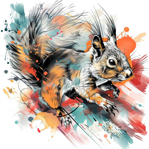 Dynamic flat tattoo sketch of a squirrel in mid-leap with abstract color splashes