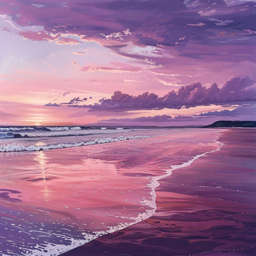 Sandy beach at dusk with a pink and purple sky