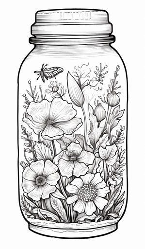 Plant coloring pages in a mason jar with fantasy creatures