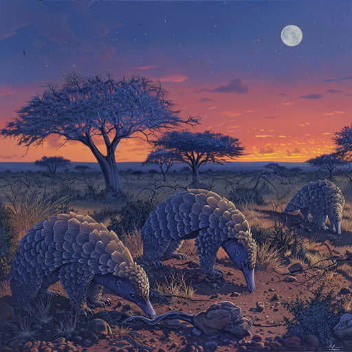 A family of pangolins foraging at twilight in the African savanna