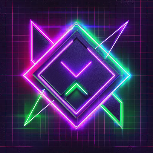 Retro neon logo with 80s vibes in green and purple on dark backdrop