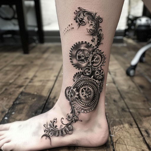 Ankle tattoos in the style of Adrian Smith featuring steampunk gears