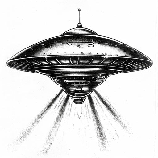 Black and grey UFO tattoo design on white background