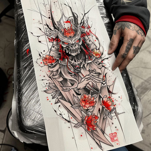 Neo-traditional flat tattoo sketch of a shinigami with ornate Japanese floral motifs