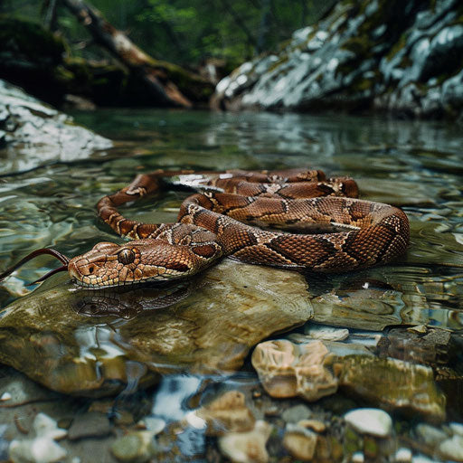 Copperhead snake near a clear stream